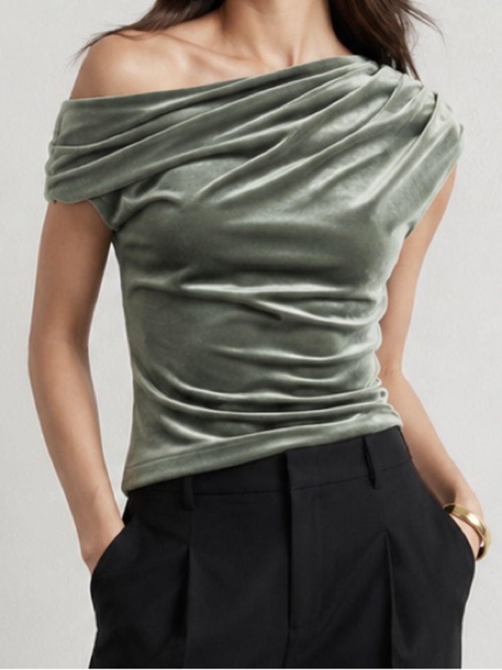 Banana Republic Factory NWT Velvet Off Shoulder Top Douglas Fir Green L